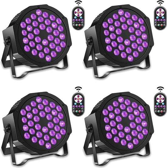 4 Blacklight UV Par Lights 36 LED DMX512 with remote control black light lamp with color changing via sound/auto disco light for DJ party bar Halloween wedding artistic photos.