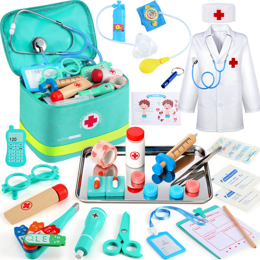 Peradix Doctor Kit for Kids 3 years and up - 39-piece wooden doctor's playset with real stethoscope, doctor's coat, thermometer, and portable bag. Perfect gift for kids aged 3, 4, 5, and 6.