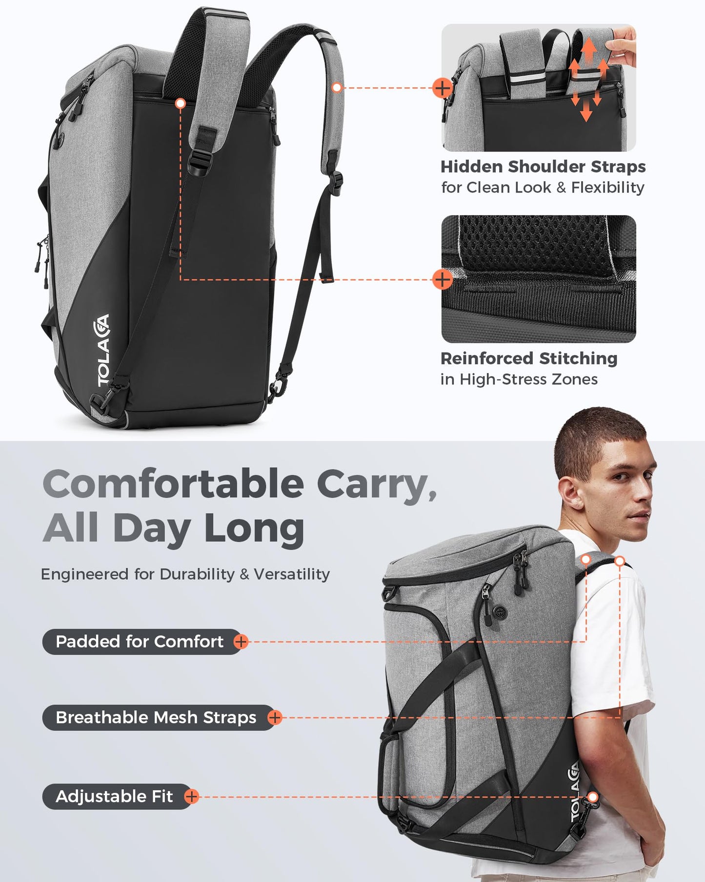 Tolaccea 47L Large Sports Bag Backpack with Shoe Compartment Wet Compartment Weekender Duffel Bag Gym Training Bag for Men Women Gym, Travel, Swimming, Sauna, Soccer (Gray)