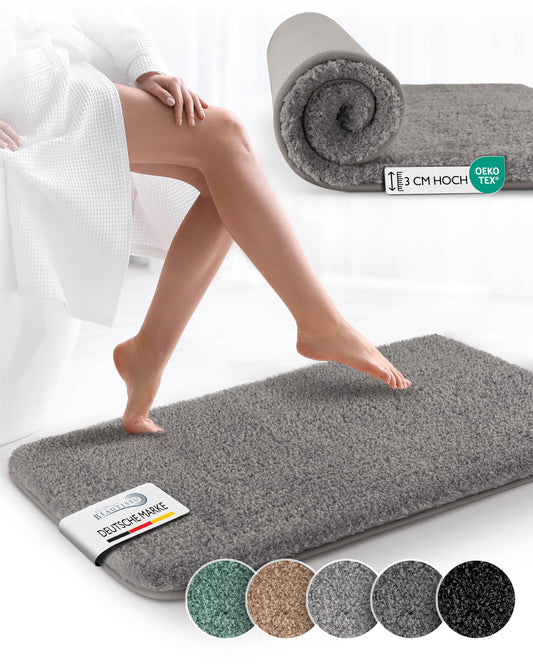 Beautissu bath mat non-slip 120x70 cm - shower rug high pile bath mat non-slip washable shaggy look - fluffy bath rug shower bathroom mat large - gray bath mat BeauMare FL