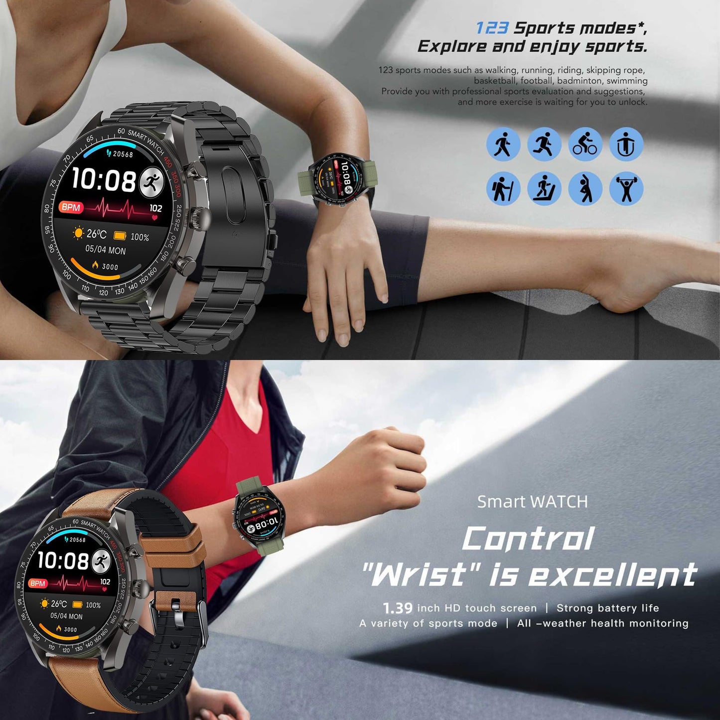 Men's smartwatch with phone function, 1.39" DIY HD full touchscreen watch fitness tracker 123 sports modes activity tracker IP68 wristwatch with sleep monitor pedometer for Android iOS (Black)