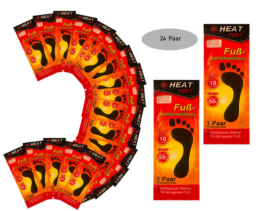 24 pairs of HEAT FEET thermal insoles, foot warmers, heated soles, warm inserts for cold feet during winter sports, outdoor activities, and Christmas markets.