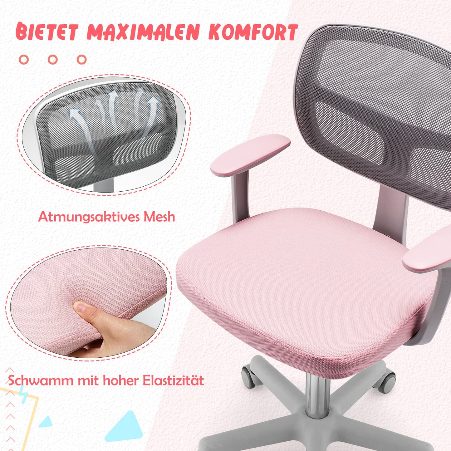 COSTWAY 360° Rotatable Kids Desk Chair, 80-91.5 cm Height Adjustable Youth Chair with Backrest & Armrests, Computer Chair with 5 Wheels for Children aged 3-10 years old (Pink)