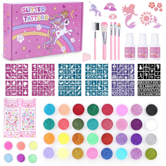 Highttoy Glitter Tattoo Set for Girls, 38 Colors Unicorn Glow Temporary Glitter Tattoos for Kids, 150 Stencils, 5 Brushes, 3 Glues, 2 Glitter Stickers, 1 Sponge Cloth Gift for Birthday Party.