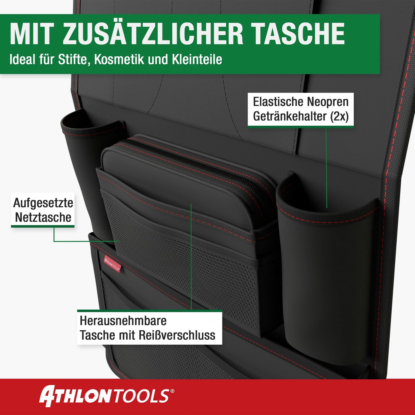 ATHLON TOOLS The most stable car seat organizer - Reinforced back panel - Food-safe - with integrated tablet holder - with extra pen pocket - for business and children - Designed in Hamburg