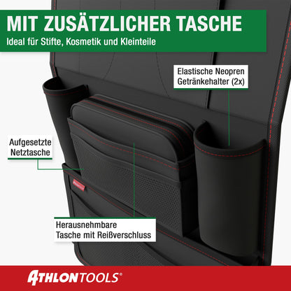 ATHLON TOOLS The most stable car seat organizer - Reinforced back panel - Food-safe - with integrated tablet holder - with extra pen pocket - for business and children - Designed in Hamburg