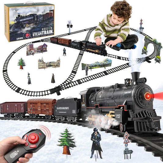 Ulikey Electric Train Set for Kids, Electric Train Toy with Sounds and Light, Steam Locomotive Train with Smoke, Rechargeable Classic Remote Control Trains for Boys 4 5 6 7 8 9 10
