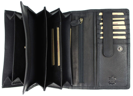 High-quality large vintage leather women's wallet with extra compartments in black - 17.5x10x4cm (W x H x D). Made of soft leather.
