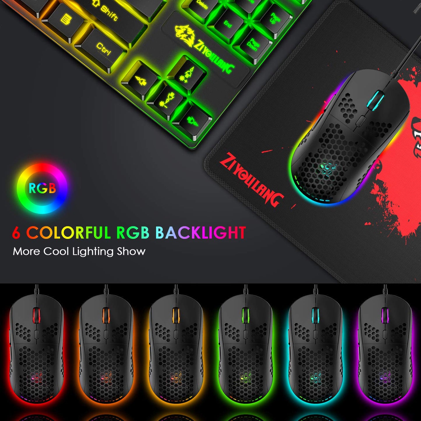 Gaming keyboard and mouse, 88-key USB keyboard with rainbow backlit + programmable ultralight gaming mouse with 6400 DPI for computer PC PS4 PS5 laptop Mac (black)