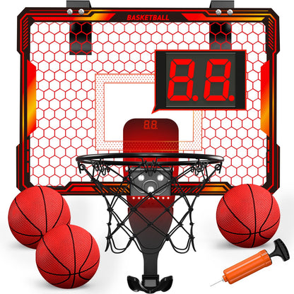 HYES Mini Basketball Hoop with 7 Lights for Kids, 3 Modes, Electronic Scoreboard, 3 Balls, Pump, Indoor Outdoor Sports Toy, Red