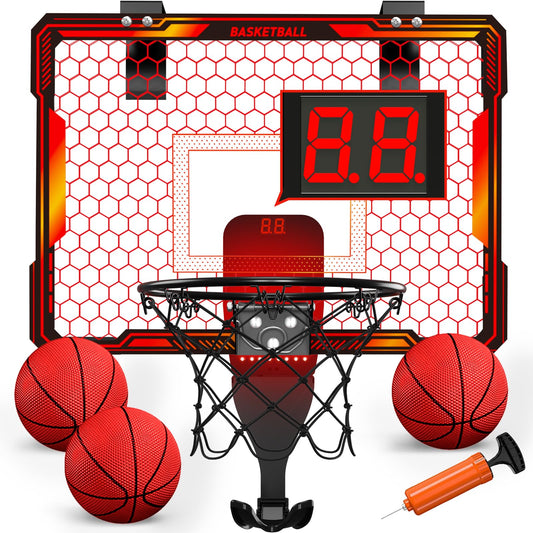 HYES Mini Basketball Hoop with 7 Lights for Kids, 3 Modes, Electronic Scoreboard, 3 Balls, Pump, Indoor Outdoor Sports Toy, Red