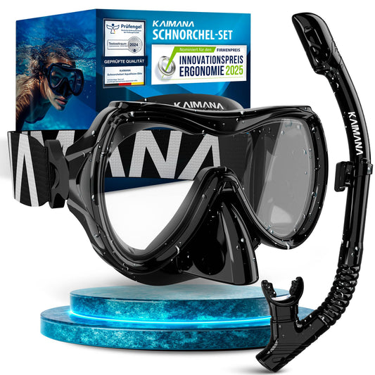KAIMANA® Snorkel Set for adults with tempered safety glass (diving mask & dry snorkel), Comfortable adult diving mask with silicone or fabric strap.