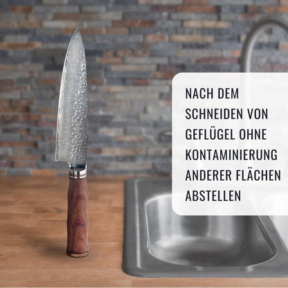 SCHWARTZHIRSCH® Caliburn - The handcrafted chef's knife made from Japanese Damascus steel with a fine genuine wood handle in an exclusive walnut wood box (20cm, Damascus knife, gift packaging)