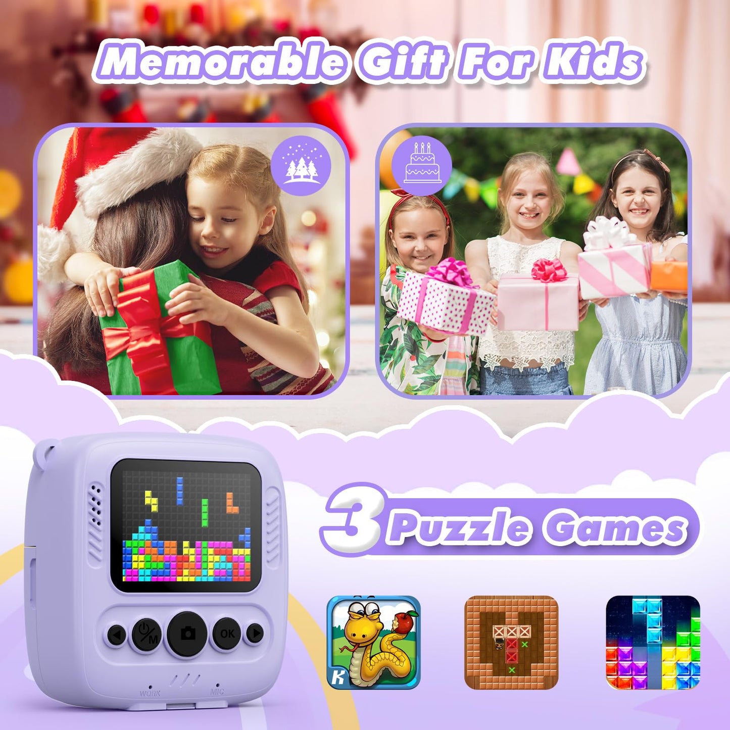 CalineGam Kids Camera Instant Camera, 48MP Instant Camera for Kids with 32GB Card & Printing Paper, 1080P Digital Camera for Kids, Gifts for Boys and Girls 3-12 Years (Purple)