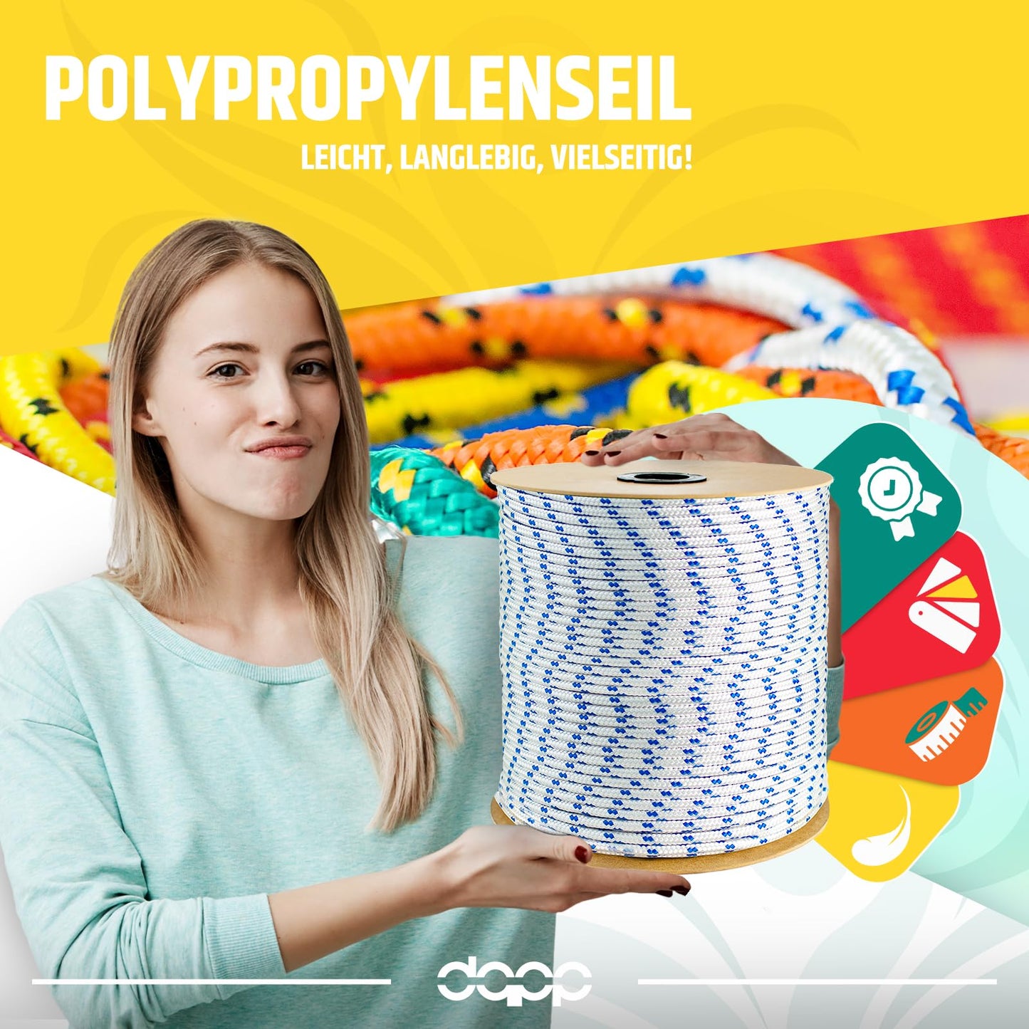 100m yellow 8mm polypropylene rope with a load capacity of up to 750kg. Braided textile cord made of plastic for various uses.