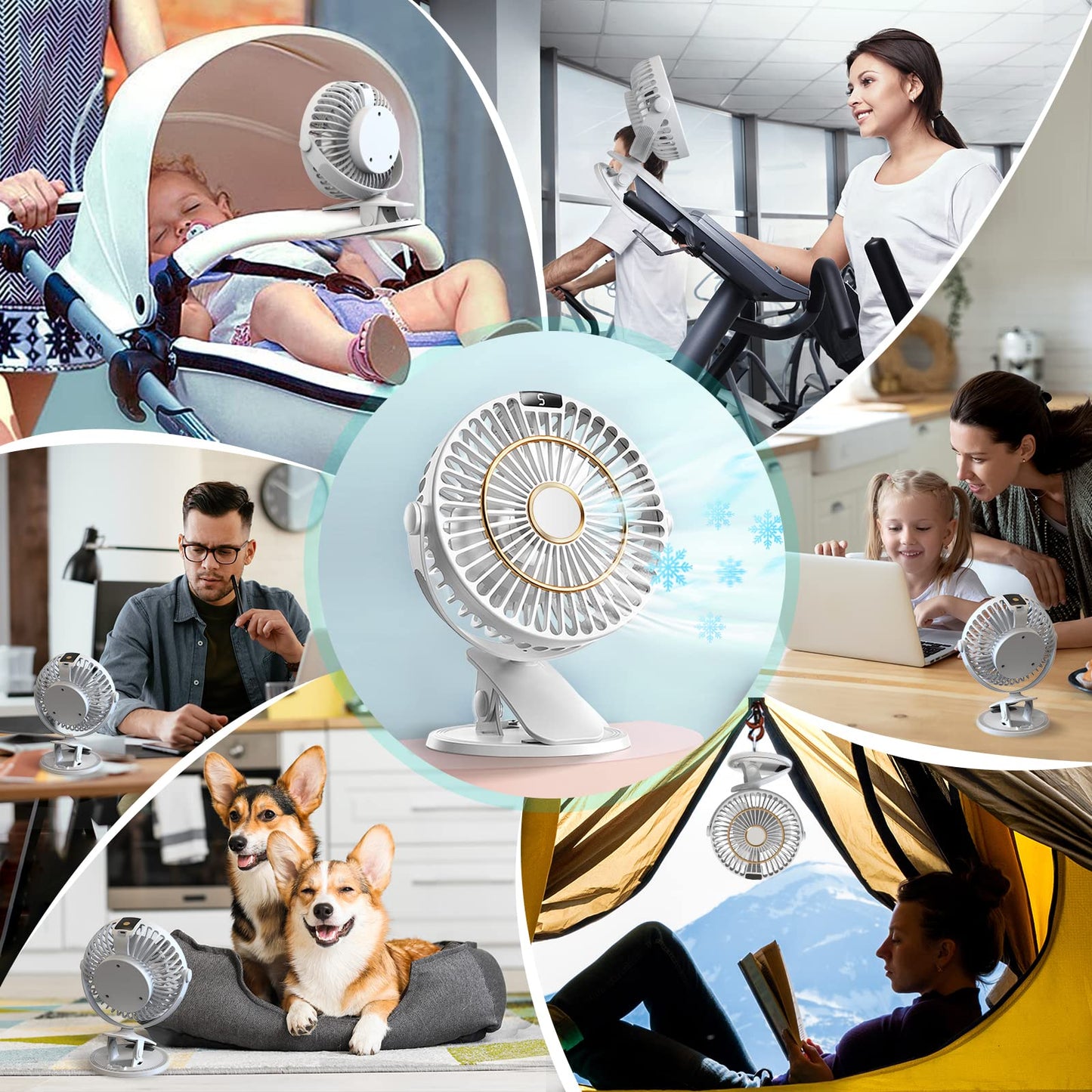 COZII Mini Fan, Clip Fan USB Fan Desk Fan Quiet with Battery, 5 Speeds 720° Rotation, 16cm Portable Table Fan for Home, Office, Outdoor, Travel (White)