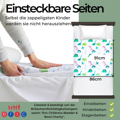 Waterproof mattress pad for kids | fits single, kids, and baby beds I Breathable, washable mattress protector for side insertion in case of incontinence I Mattress cover I Dinosaur
