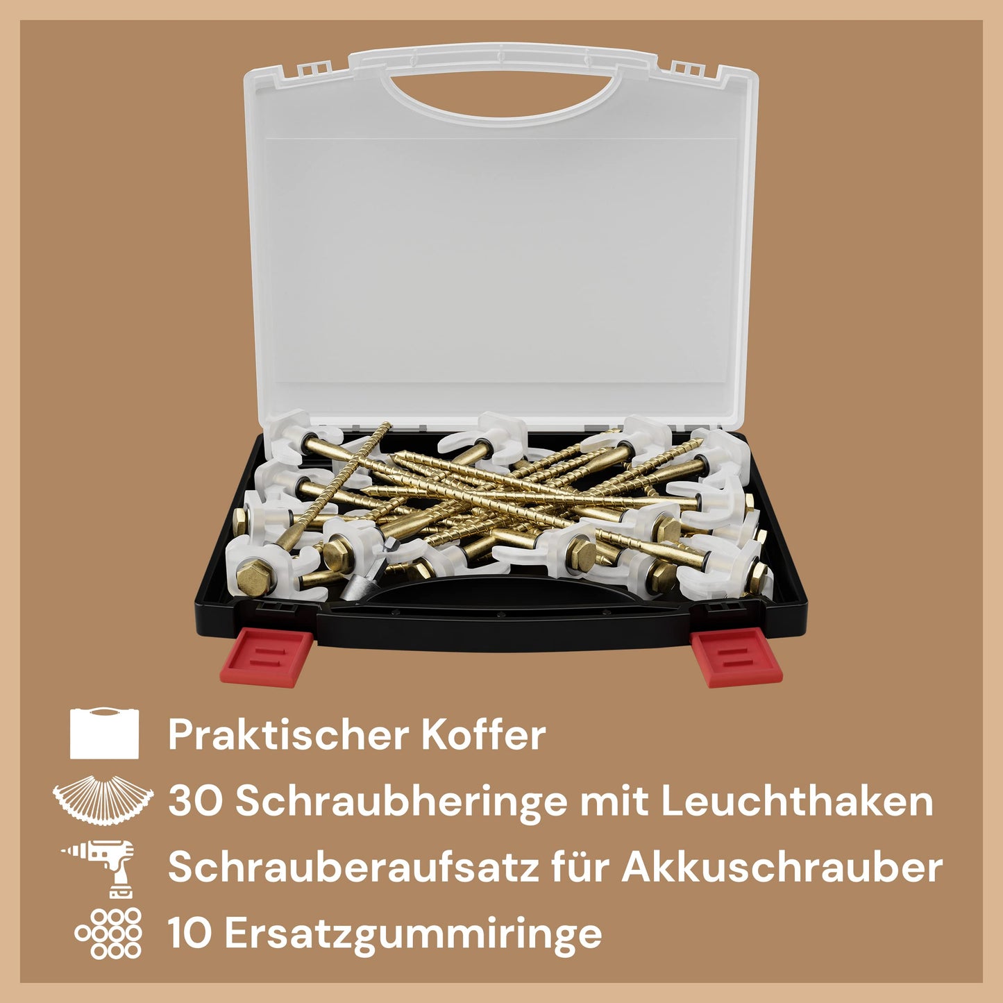 ABCamping Screw Pegs Set - [30 pieces] Steel pegs for soft to hard ground including drills (5mm & 6mm) - Tent screws with light effect, including carrying case, 15x O-rings & bit for power drill.