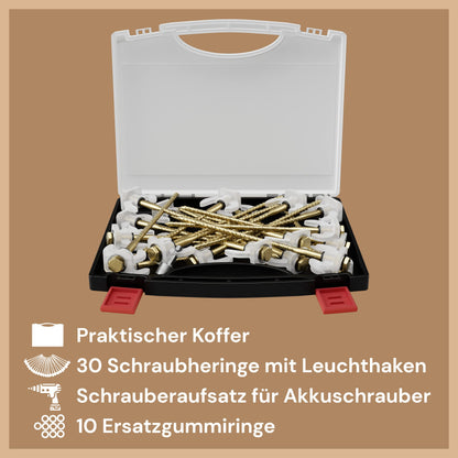 ABCamping Screw Pegs Set - [30 pieces] Steel pegs for soft to hard ground including drills (5mm & 6mm) - Tent screws with light effect, including carrying case, 15x O-rings & bit for power drill.