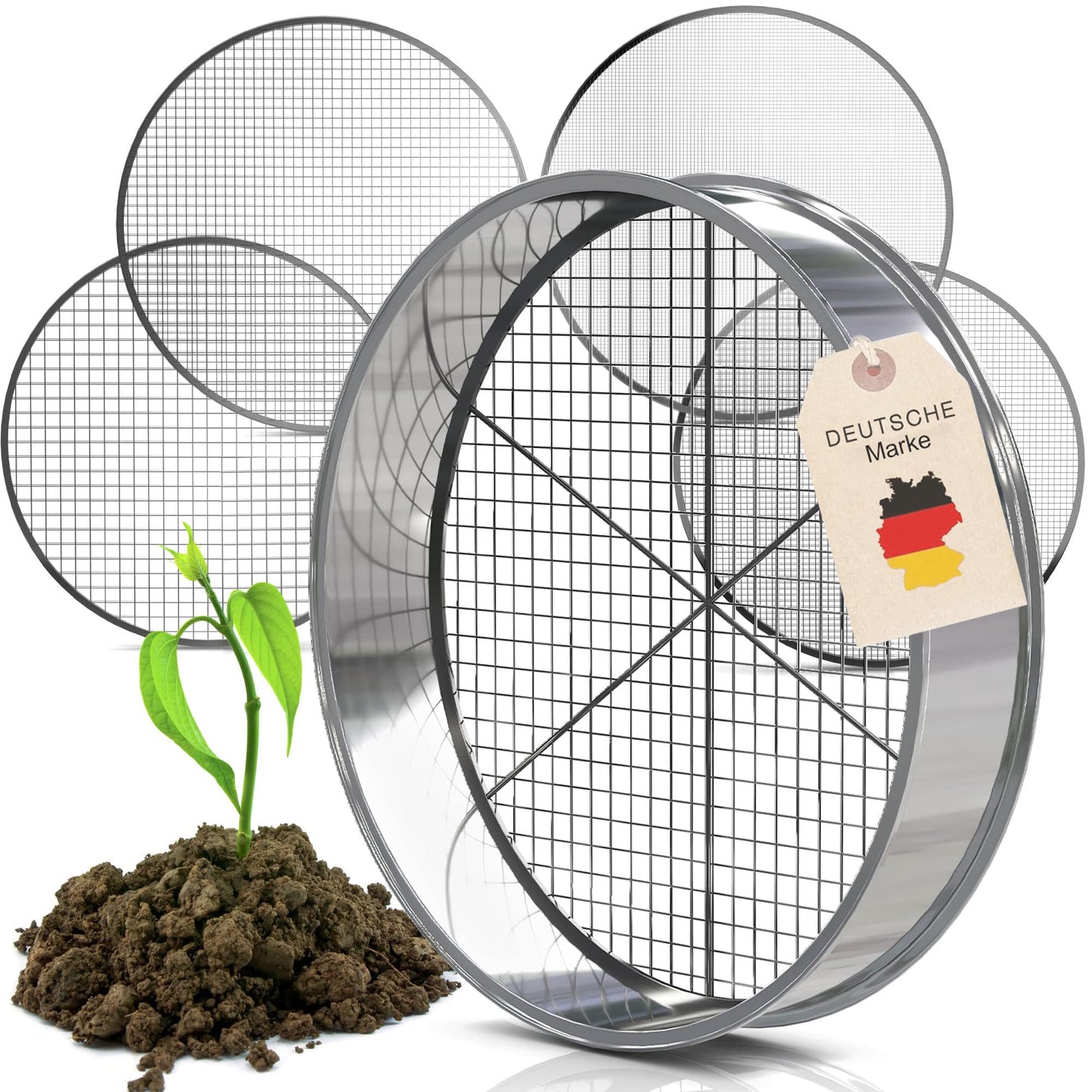 Tool Jungle- Stainless steel garden sieve - includes 5 sieve inserts Ø 3.5, 8, 9, 12mm - Compost sieve weatherproof - with additional crossbar for more stability.