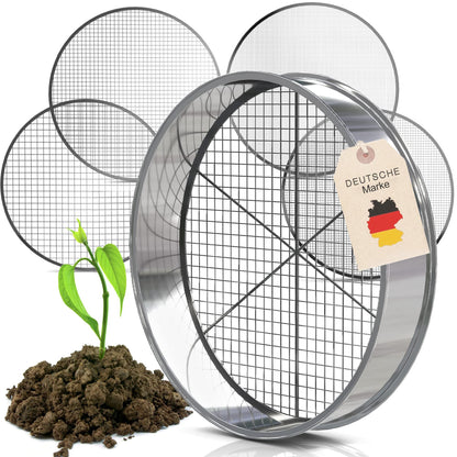 Tool Jungle- Stainless steel garden sieve - includes 5 sieve inserts Ø 3.5, 8, 9, 12mm - Compost sieve weatherproof - with additional crossbar for more stability.