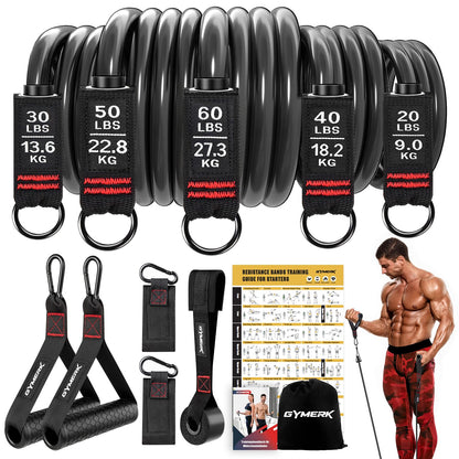 GYMERK Resistance Bands Set, Expander Fitness with Rubber Handles, Training Poster, Ankle Straps, Door Anchor, Carry Bag, 5 Different Resistance Levels. Ideal for Strength Training.