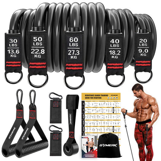 GYMERK Resistance Bands Set, Expander Fitness with Rubber Handles, Training Poster, Ankle Straps, Door Anchor, Carry Bag, 5 Different Resistance Levels. Ideal for Strength Training.