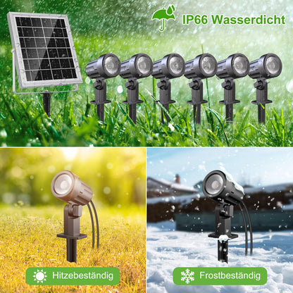 Left outdoor solar spotlights 6 pack with remote control, IP66 waterproof, dimmable with timing function and memory storage. Comes with ground spike for garden bushes and trees.