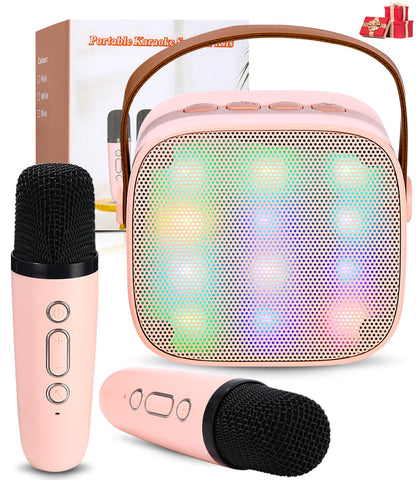 Karaoke machine with 2 wireless microphones, portable Bluetooth karaoke machine for kids adults with voice changing effects LED lights boys girls gifts home party (pink)
