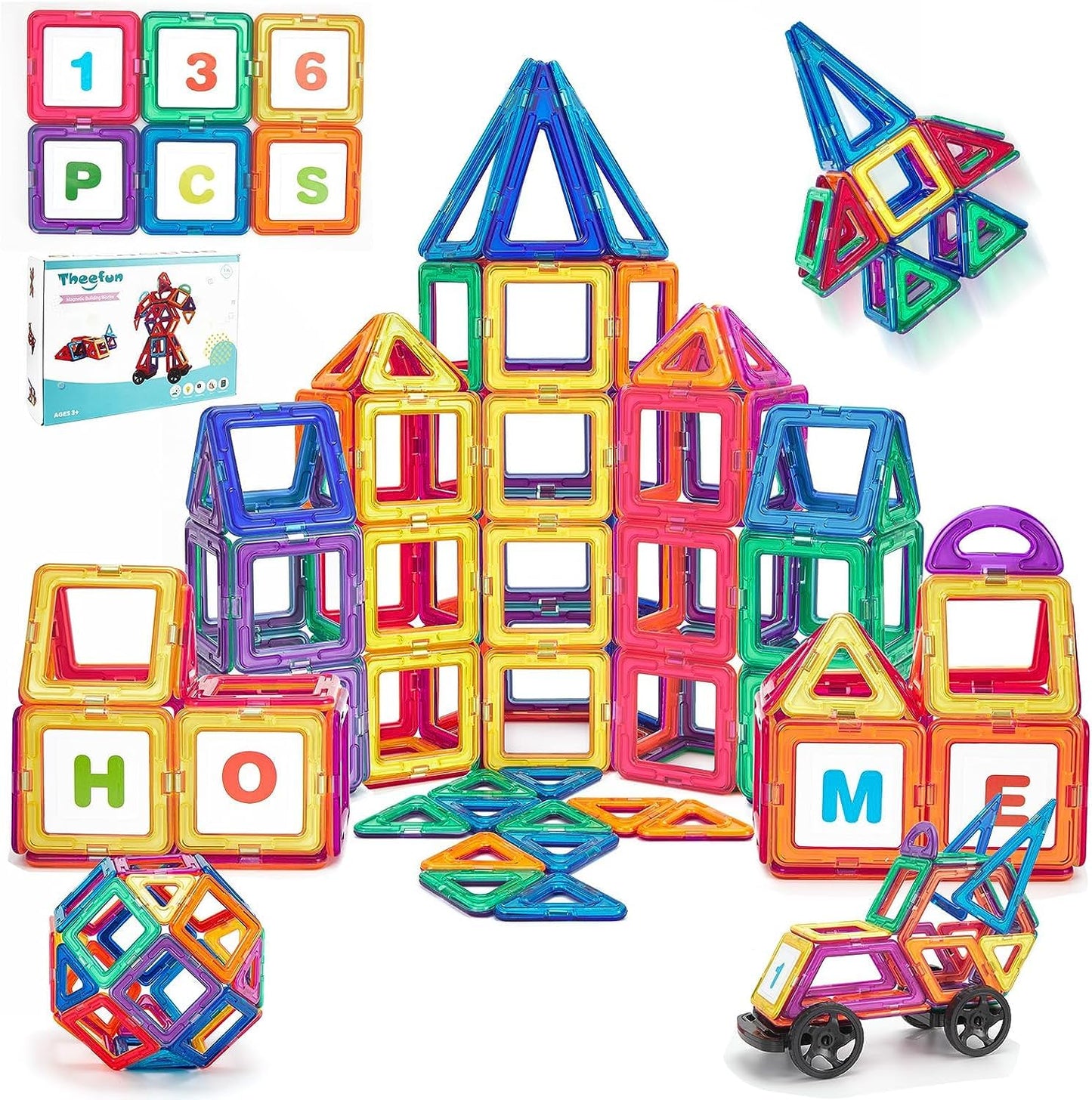 Theefun Magnetic Building Blocks, 136 Pieces Magnetic Blocks Magnetic Toy Magnet Game Toys for Kids Gift Magnetic Bricks Children's Toy Toys for 2 3 4 5 6 7 Year Old Boy