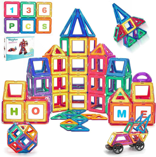 Theefun Magnetic Building Blocks, 136 Pieces Magnetic Blocks Magnetic Toy Magnet Game Toys for Kids Gift Magnetic Bricks Children's Toy Toys for 2 3 4 5 6 7 Year Old Boy