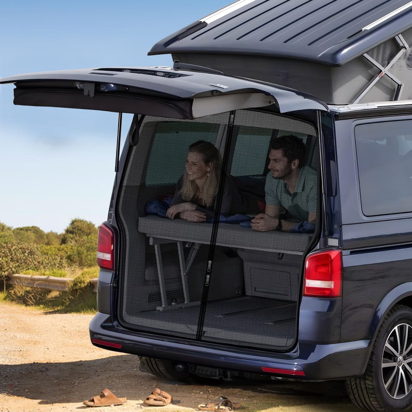 ZATOOTO car sunshade for VW T5 T6, trunk cover with triple zipper, magnetic divider curtain shade net mosquito net for camping travel.