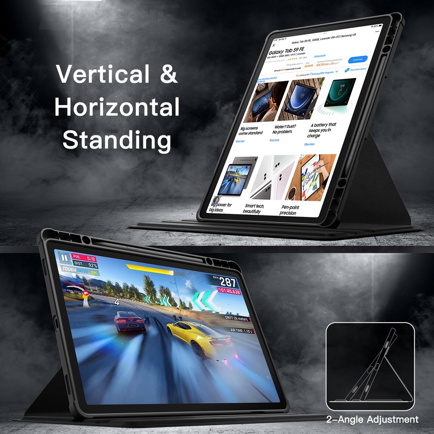 JETech Rotating Case for Samsung Galaxy Tab S10 Lite / S10 FE / S9 FE 10.9 Inch / S9 11 Inch with S Pen Holder, 360 Degree Rotating Protective Case Stand Transparent Back (Black)