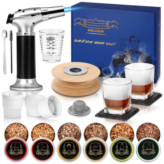 CWLAKON Cocktail Smoker Kit, Whiskey smoking set with flashlight, Whiskey Bourbon Old Fashioned drink smoker kit with 6 wood chips, Christmas birthday gifts for men dad husband (Without Butane)
