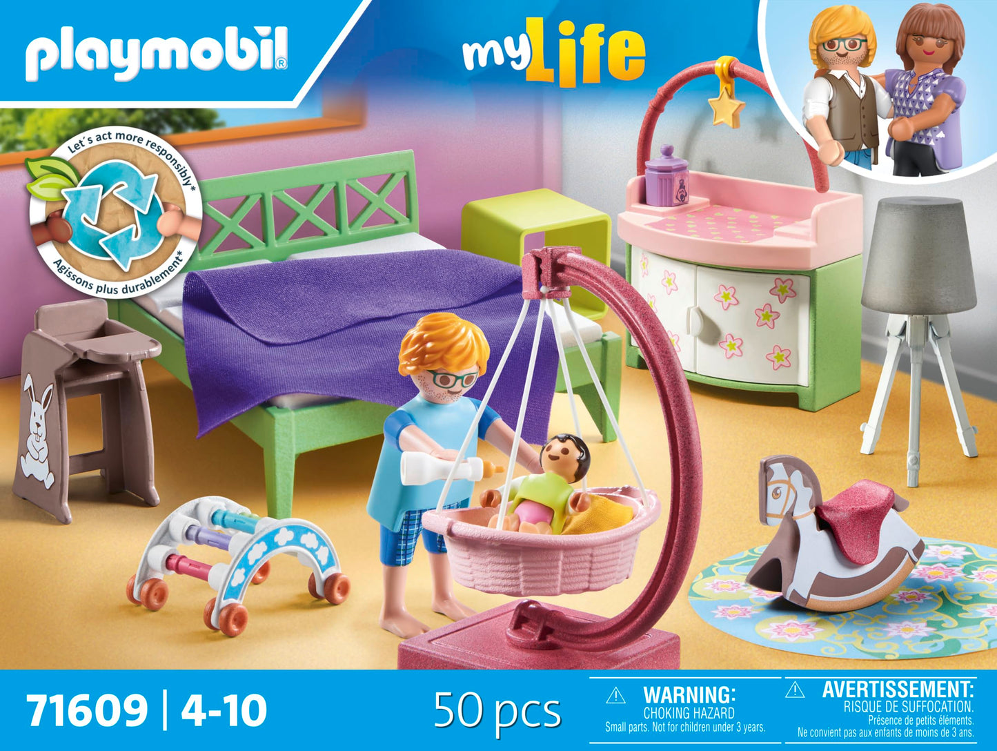 PLAYMOBIL MyLife 71609 Bedroom with Baby Play Area, and Two Figures, made from over 80% recycled and bio-based materials, detailed toy for children ages 4 and up.
