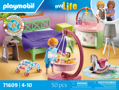 PLAYMOBIL MyLife 71609 Bedroom with Baby Play Area, and Two Figures, made from over 80% recycled and bio-based materials, detailed toy for children ages 4 and up.