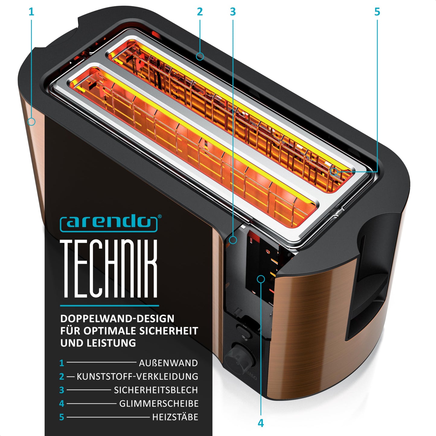 Arendo - Stainless Steel Long Slot 4-Slice Toaster - Defrost Function - Heat-insulating housing - with integrated roll attachment - 1500W - Crumb tray - Display with remaining time display - Copper