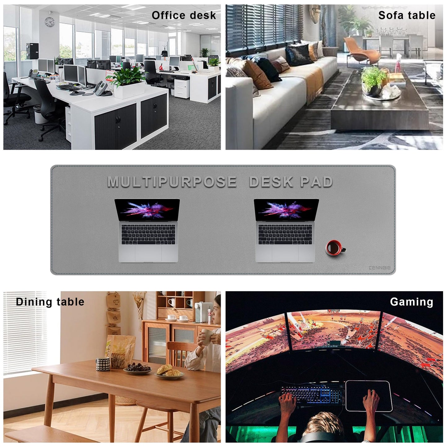 CENNBIE Desk Pad Leather, 180 x 50cm Writing Desk Mat, Large Non-Slip Mouse Pad XXL, Waterproof Desk Pad for Desk, Office, and Home (Gray)