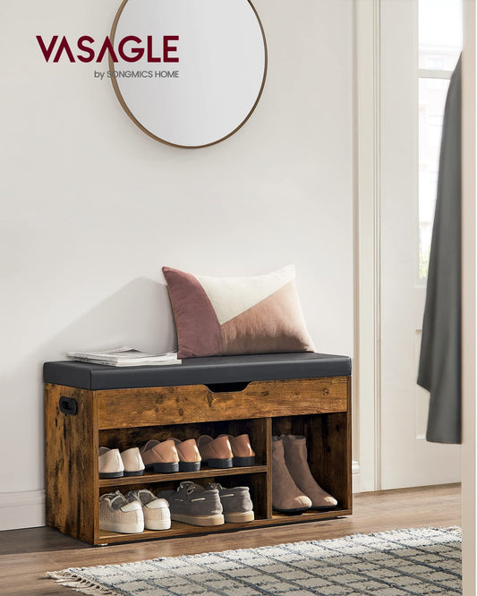 VASAGLE shoe bench with seat, storage bench, upholstered, 3 open compartments, compartment under seat cushion, shoe rack for living room, hallway, supports up to 136 kg, vintage brown LHS30BX