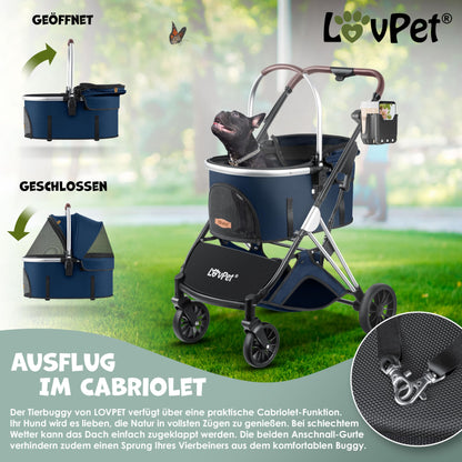 LOVPET® 3in1 dog stroller for dogs up to 20kg. Can be used as a dog carrier bag, foldable and collapsible. Features large wheels, mesh windows, rain cover, cup holder, and cozy blanket. Also suitable for cats, jogging, and outdoor activities.