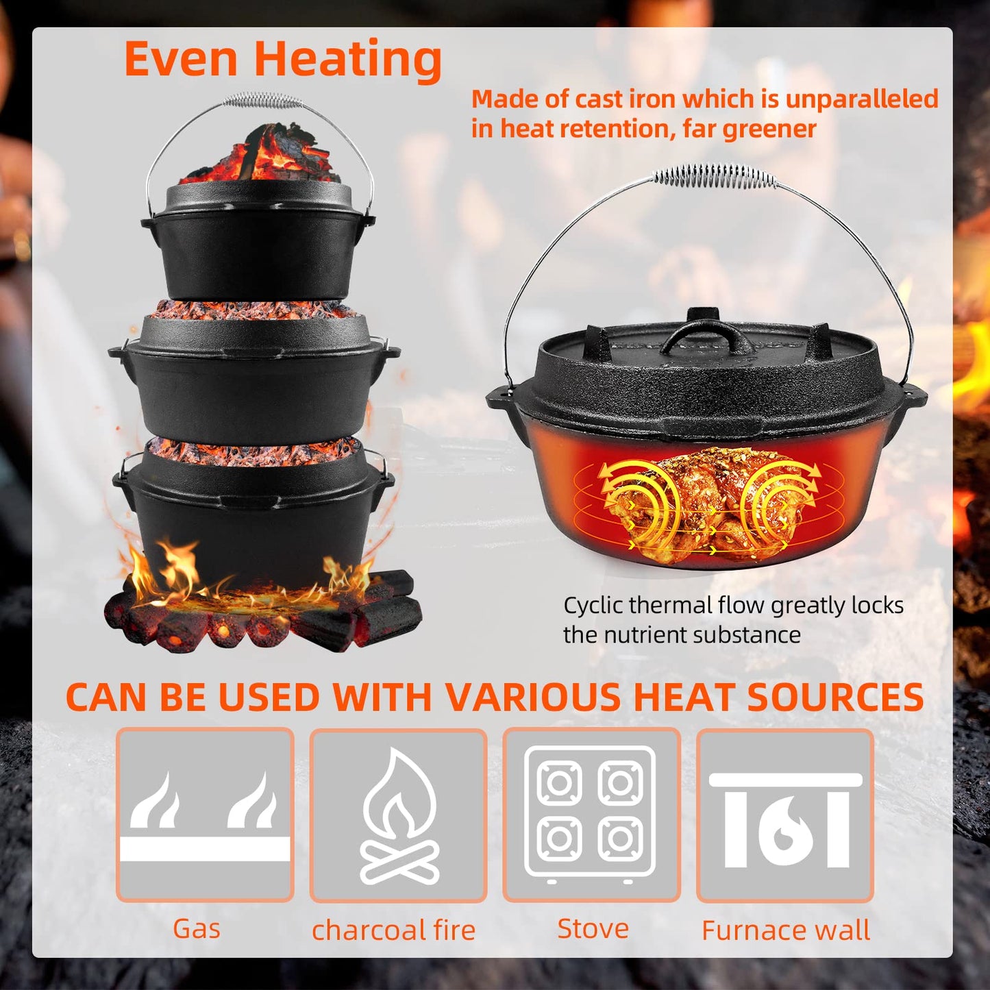 BROILISSIMO Dutch Oven Set Cast Iron approx. 4 6 9 L Grill Pot Fire Pot Pot for Grill and Camping Fire Pot Set