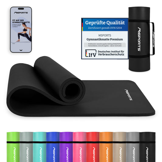 MSPORTS Yoga Mat Premium including carrying strap + exercise poster + workout app | Skin-friendly fitness mat 190 x 100 x 1.5 cm - Black Matte - Phthalate-free yoga mat
