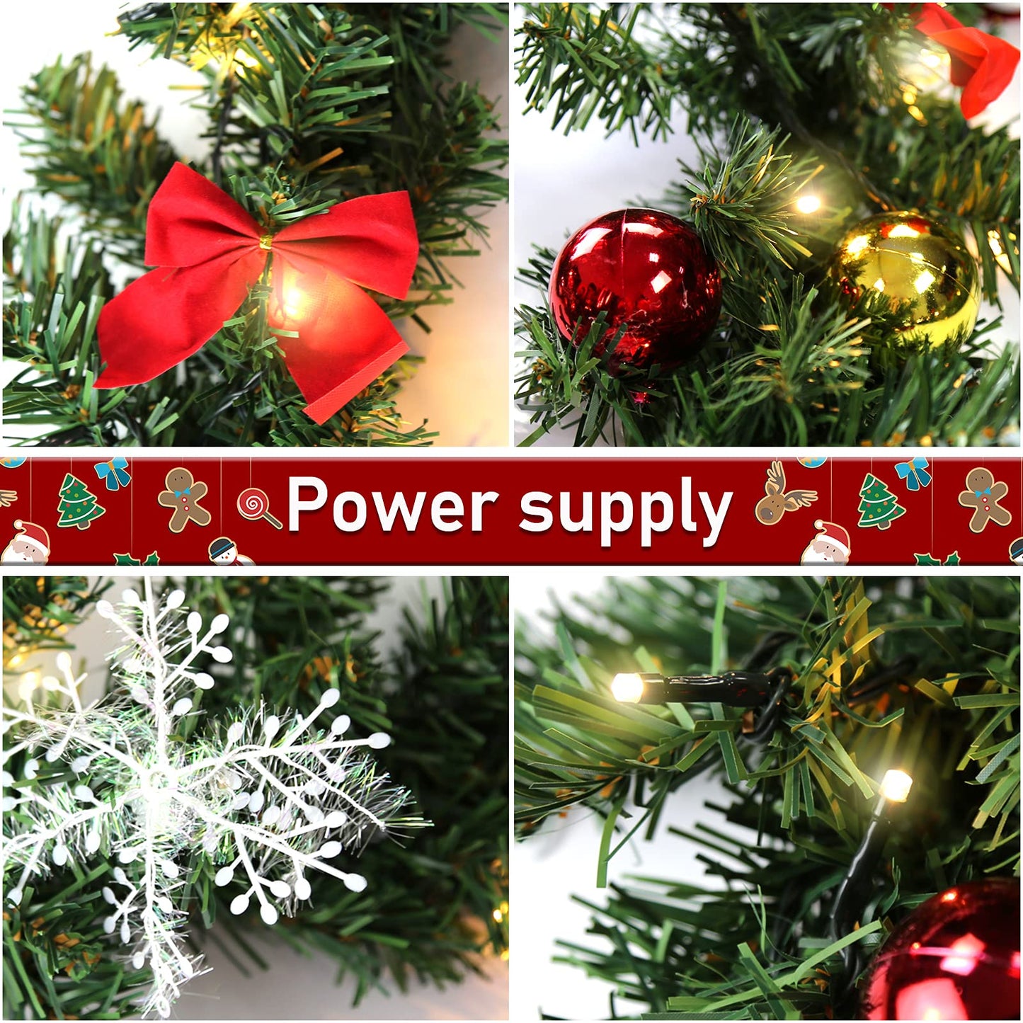 Yakimz Christmas Garland Artificial, 5m with 100 Warm White LED Lights, including Decorations, Artificial Green Pine Garland Christmas Decoration Indoor and Outdoor Garland