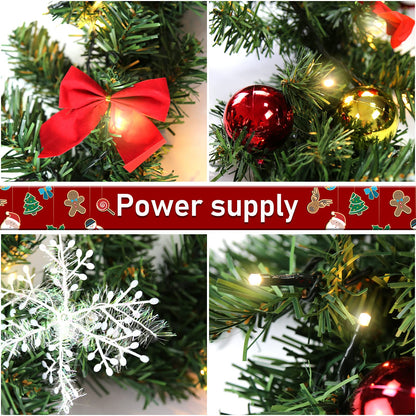 Yakimz Christmas Garland Artificial, 5m with 100 Warm White LED Lights, including Decorations, Artificial Green Pine Garland Christmas Decoration Indoor and Outdoor Garland