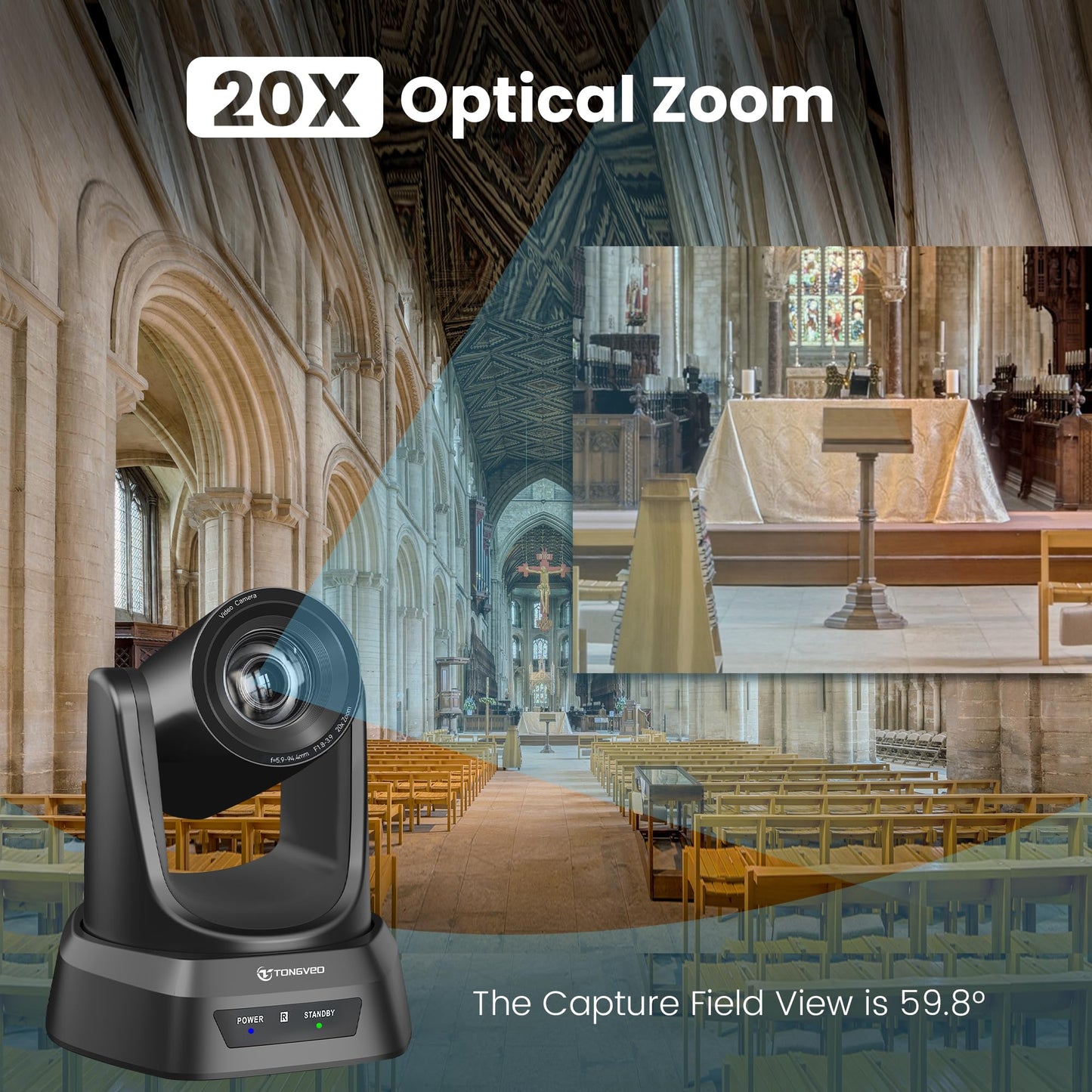 TONGVEO HDMI PTZ camera with 20X optical zoom, ideal for church live streaming and online conferences. Supports 1080P 60fps resolution and works seamlessly with Zoom, Skype, and OBS. Easy to set up.
