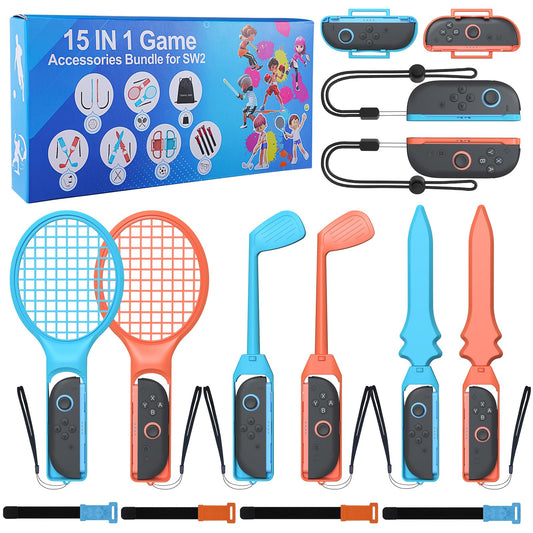 16 in 1 Switch Sports Accessory Set Compatible with Nintendo Switch / Nintendo Switch OLED. Switch Sports Kits include tennis racket, controller grip, golf club, wrist and leg straps.