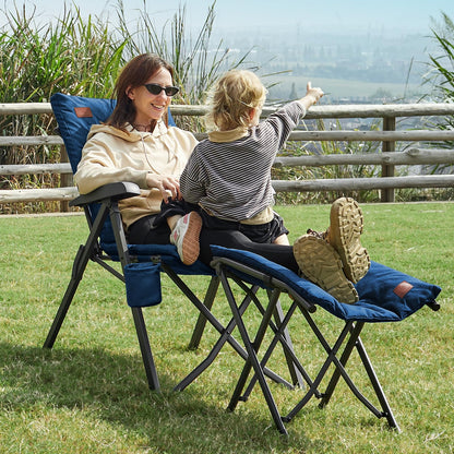 EVER ADVANCED Folding Camping Chair with 4-Position Adjustable Backrest, up to 150 KG Capacity. Padded with 6cm thickness, featuring a side pocket and cup holder. High backrest for camping, garden, or balcony use.