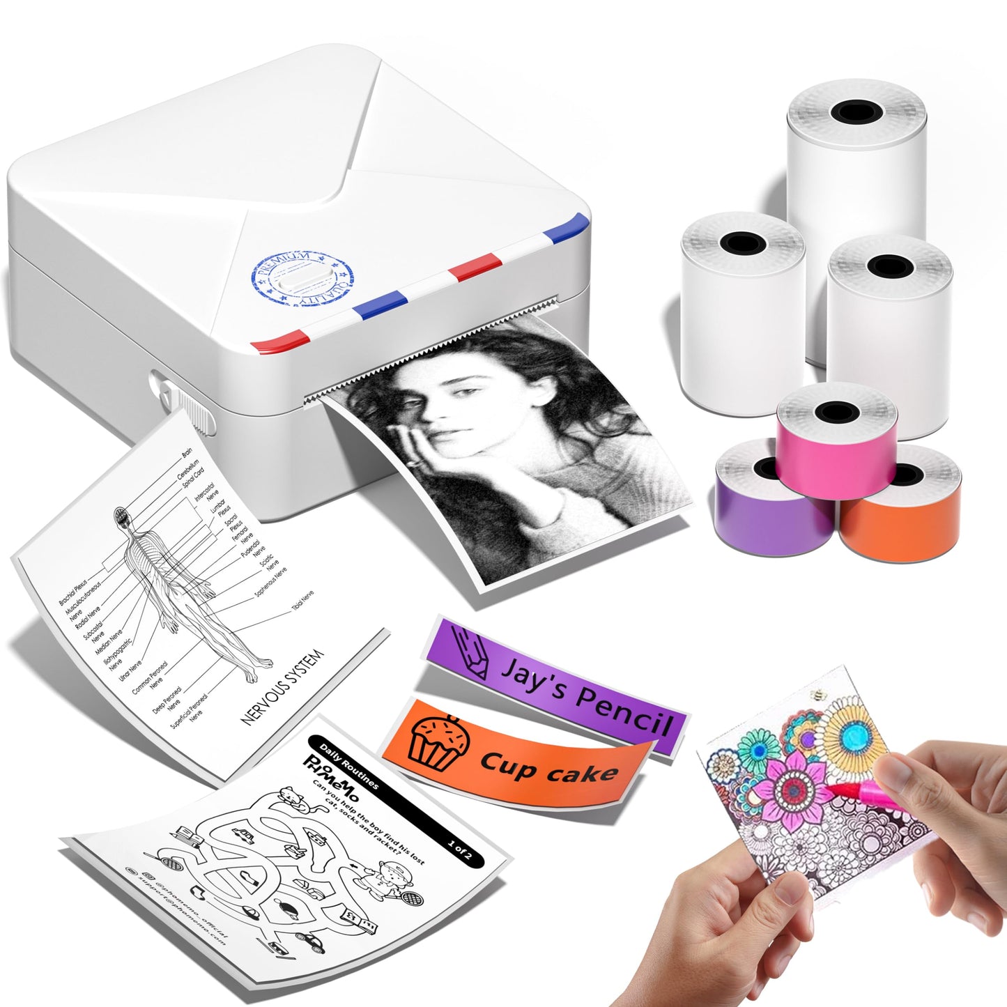 Phomemo M02S pocket printer, 300 DPI mini printer for smartphone thermal printer with 6 paper rolls, compatible with 15, 25, 53 mm paper, perfect for studying, scrapbooking, photos, gifts (White)
