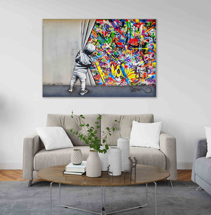 Wall art picture Banksy like - Boy behind the curtain - Canvas wall art, high-quality street art graffiti print I Wall decoration XXL ready to hang (80x120 cm)