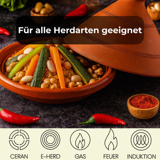 Tajine, original from Morocco, including cookbook North African cuisine, clay pot for cooking, Tuareg Ø 26cm, for 1-3 people, handmade from Marrakesh, free of pollutants.